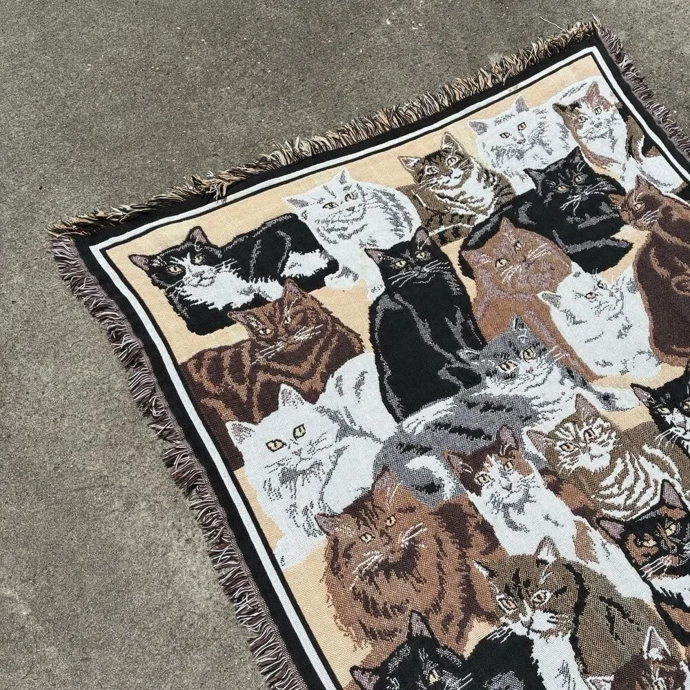 VTG Goodwin Weavers Cat Tapestry Blanket Woven Cotton Throw 